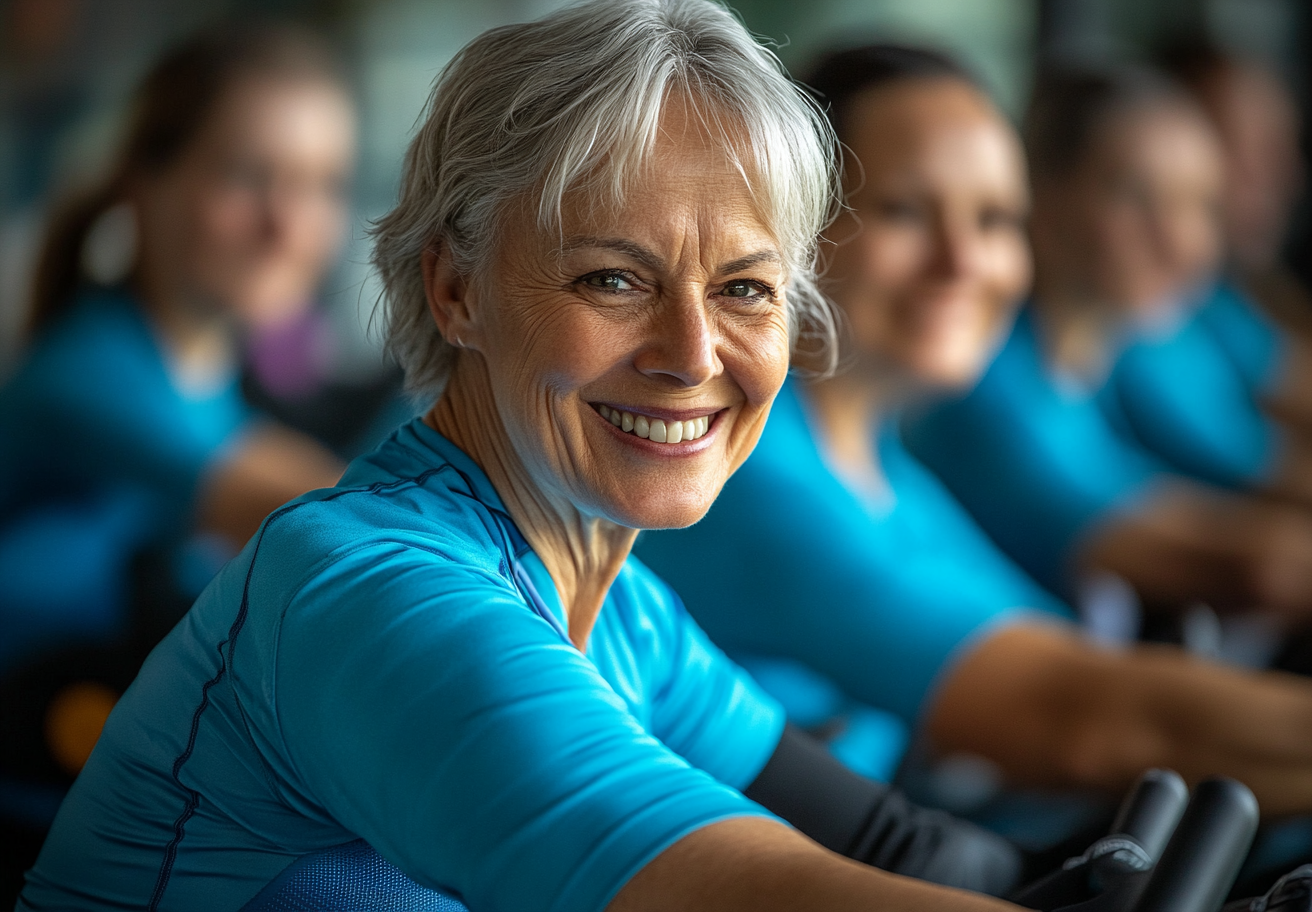 Активни възрастни хора правят упражнения за сила и гъвкавост в модерна фитнес зала